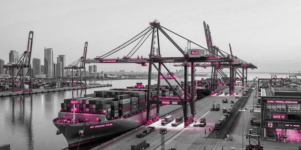 Container ship berthed beneath gantry cranes at a busy cargo terminal, with trucks moving containers along the quay